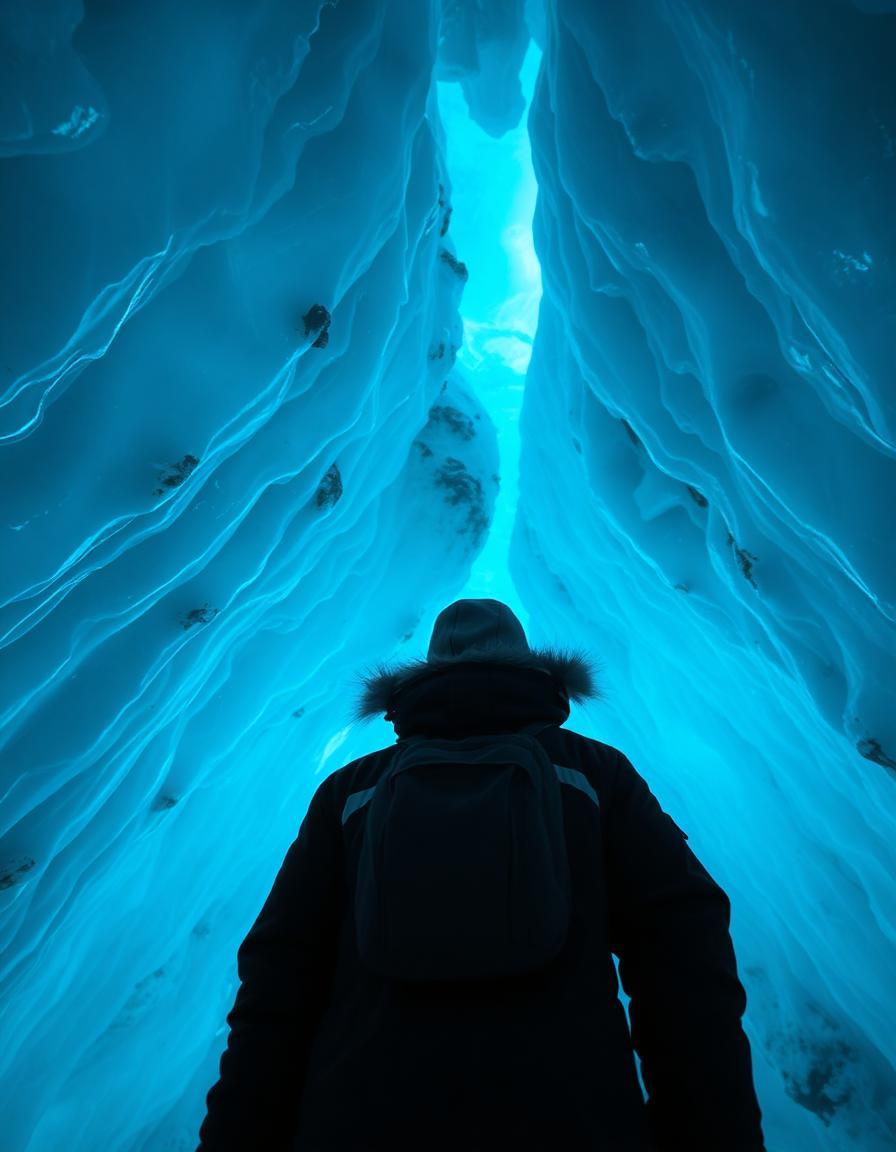 Explorer in a glowing blue ice cave